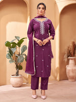 Thumbnail for Malishka Women's Wine Rayon Embroidered Straight Kurta Pant With Dupatta - Distacart