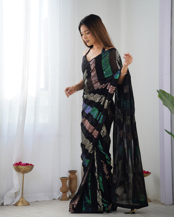 Malishka Sequance Georgette Black Saree With Unstitched Blouse Piece - Distacart