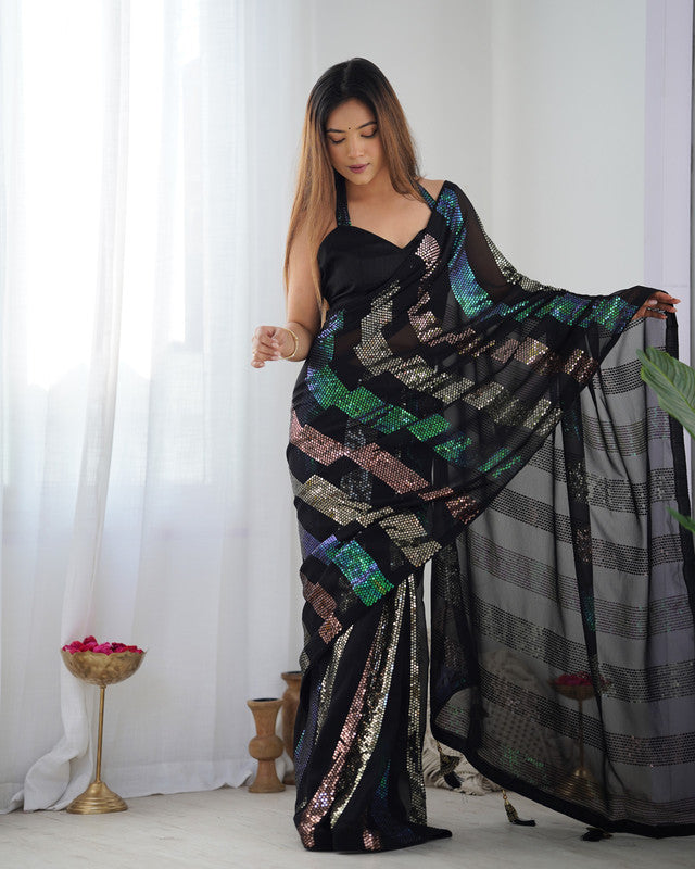 Malishka Sequance Georgette Black Saree With Unstitched Blouse Piece - Distacart