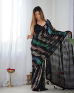 Thumbnail for Malishka Sequance Georgette Black Saree With Unstitched Blouse Piece - Distacart