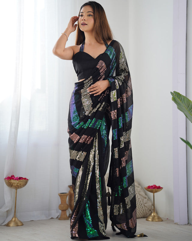 Malishka Sequance Georgette Black Saree With Unstitched Blouse Piece - Distacart
