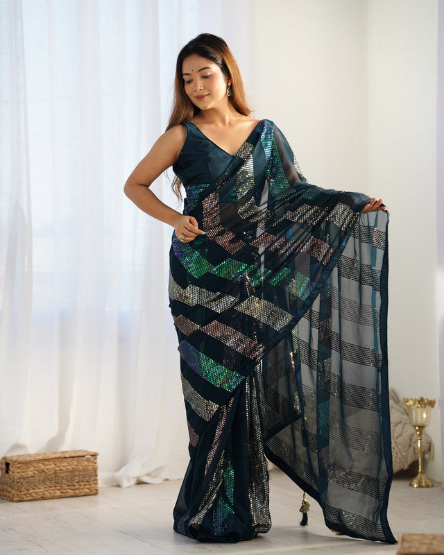NOZ2TOZ Sequence Georgette Petrol Saree With Unstitched Blouse Piece - Distacart
