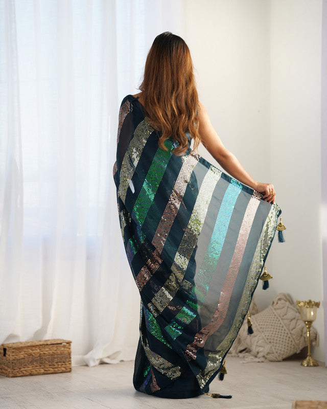 NOZ2TOZ Sequence Georgette Petrol Saree With Unstitched Blouse Piece - Distacart