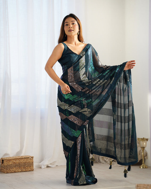NOZ2TOZ Sequence Georgette Petrol Saree With Unstitched Blouse Piece - Distacart