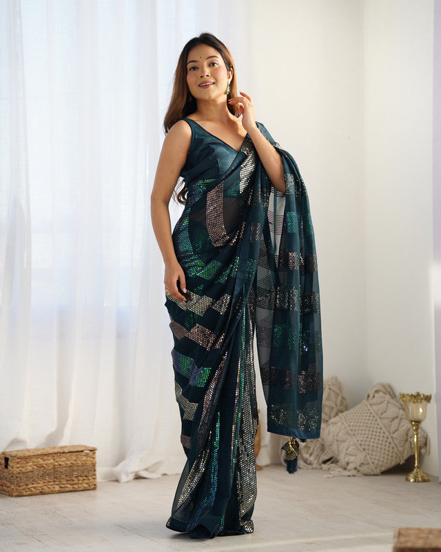 NOZ2TOZ Sequence Georgette Petrol Saree With Unstitched Blouse Piece - Distacart
