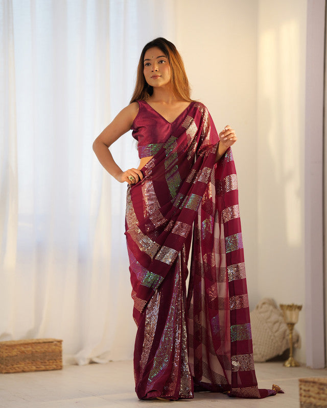 NOZ2TOZ Sequence Georgette Red Saree With Unstitched Blouse Piece - Distacart