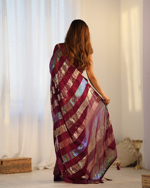 NOZ2TOZ Sequence Georgette Red Saree With Unstitched Blouse Piece - Distacart