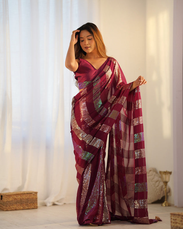 NOZ2TOZ Sequence Georgette Red Saree With Unstitched Blouse Piece - Distacart