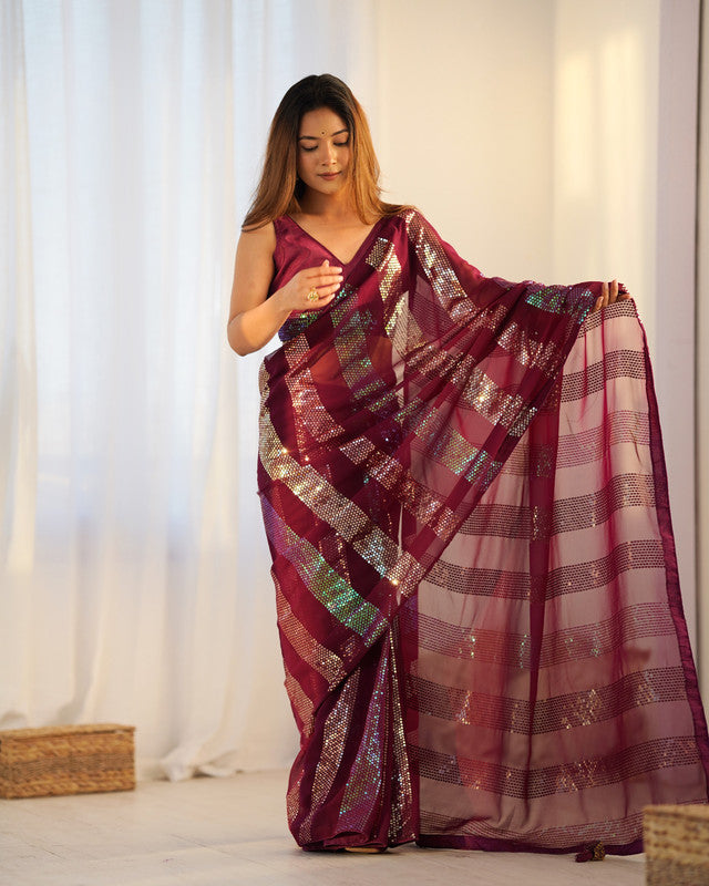 NOZ2TOZ Sequence Georgette Red Saree With Unstitched Blouse Piece - Distacart