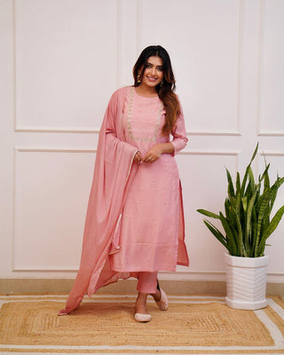 Malishka Women's Peach Rayon Slub Embroidered Straight Kurta Pant With Dupatta - Distacart