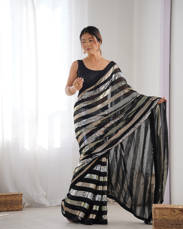 NOZ2TOZ Sequence Georgette Black Saree With Unstitched Blouse Piece - Distacart