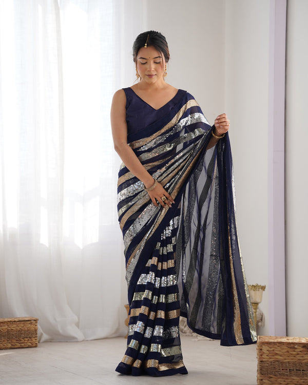 Malishka Sequance Georgette Blue Saree With Unstitched Blouse Piece - Distacart