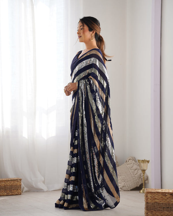 Malishka Sequance Georgette Blue Saree With Unstitched Blouse Piece - Distacart
