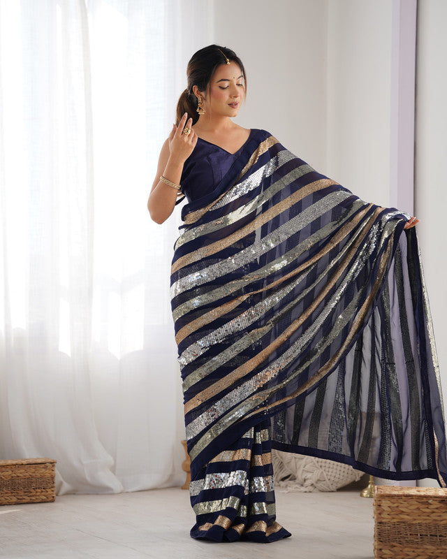 Malishka Sequance Georgette Blue Saree With Unstitched Blouse Piece - Distacart