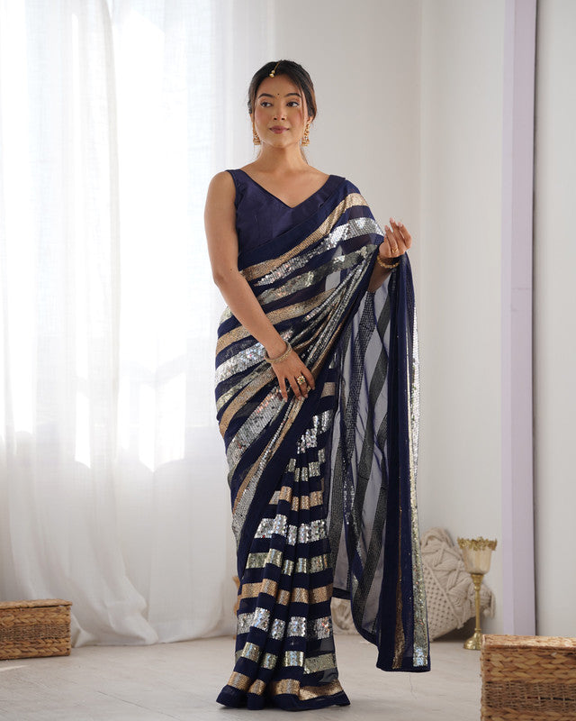 Malishka Sequance Georgette Blue Saree With Unstitched Blouse Piece - Distacart