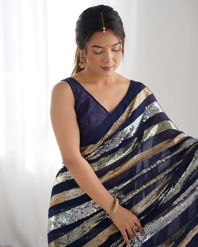 Malishka Sequance Georgette Blue Saree With Unstitched Blouse Piece - Distacart