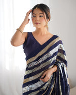 Thumbnail for Malishka Sequance Georgette Blue Saree With Unstitched Blouse Piece - Distacart