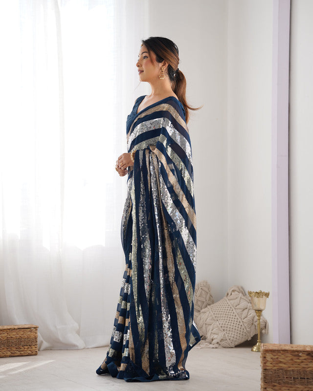 NOZ2TOZ Sequence Georgette Petrol Saree With Unstitched Blouse Piece - Distacart
