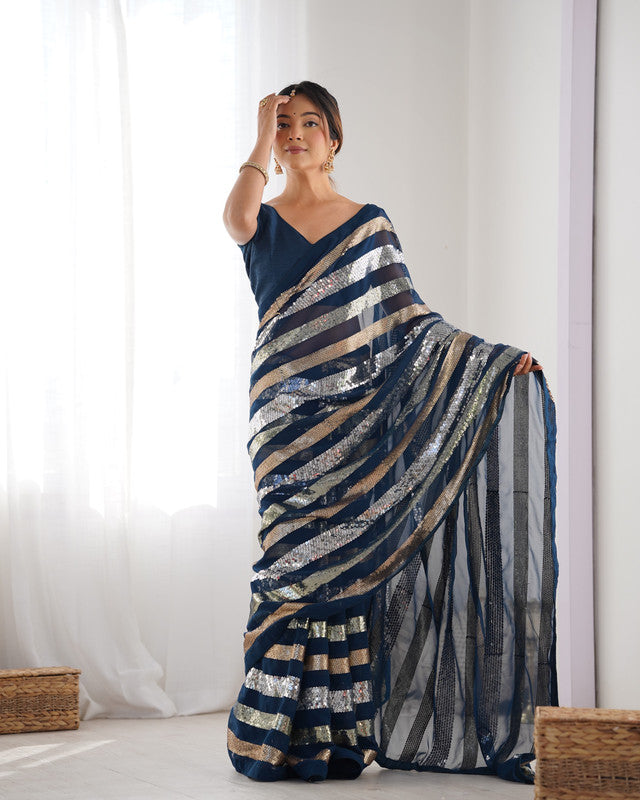 NOZ2TOZ Sequence Georgette Petrol Saree With Unstitched Blouse Piece - Distacart