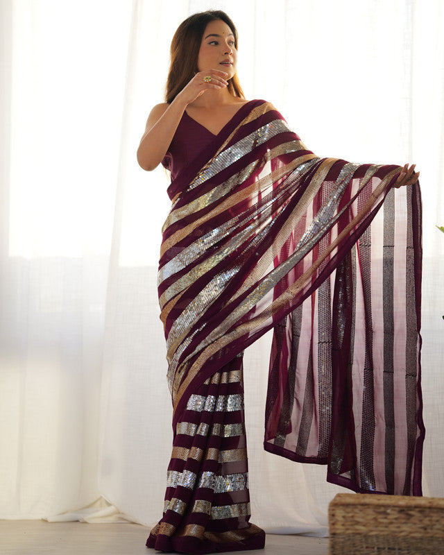 NOZ2TOZ Sequence Georgette Wine Saree With Unstitched Blouse Piece - Distacart