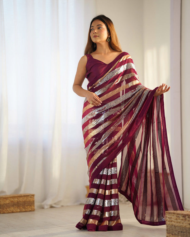 Malishka Sequance Georgette Wine Saree With Unstitched Blouse Piece