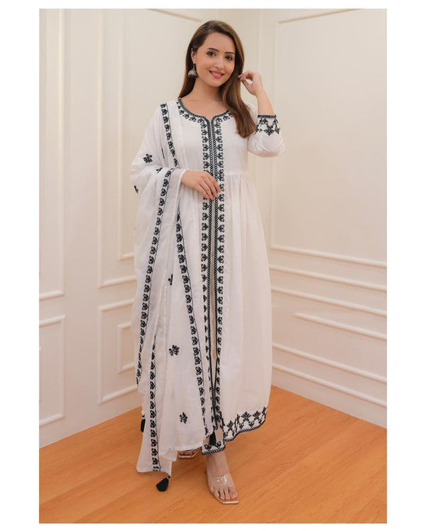 Malishka Women's White Viscose Gadhval Embroidered Anarkali Kurta Pant With Dupatta - Distacart