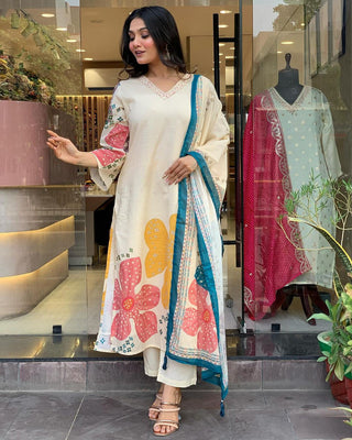 Malishka Women's Cream Rayon Embroidered Straight Kurta Pant With Dupatta - Distacart