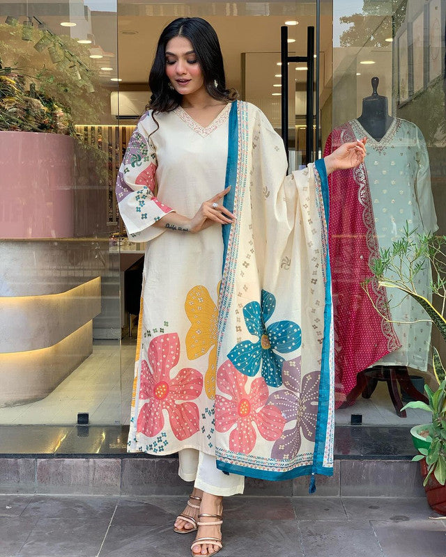 Malishka Women's Cream Rayon Embroidered Straight Kurta Pant With Dupatta - Distacart