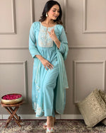 Thumbnail for Malishka Women's Sky Viscose Chanderi Embroidered Straight Kurta Pant With Dupatta - Distacart