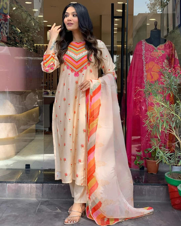 Malishka Women's Orange Crepe Embroidered Straight Kurta Pant With Dupatta - Distacart
