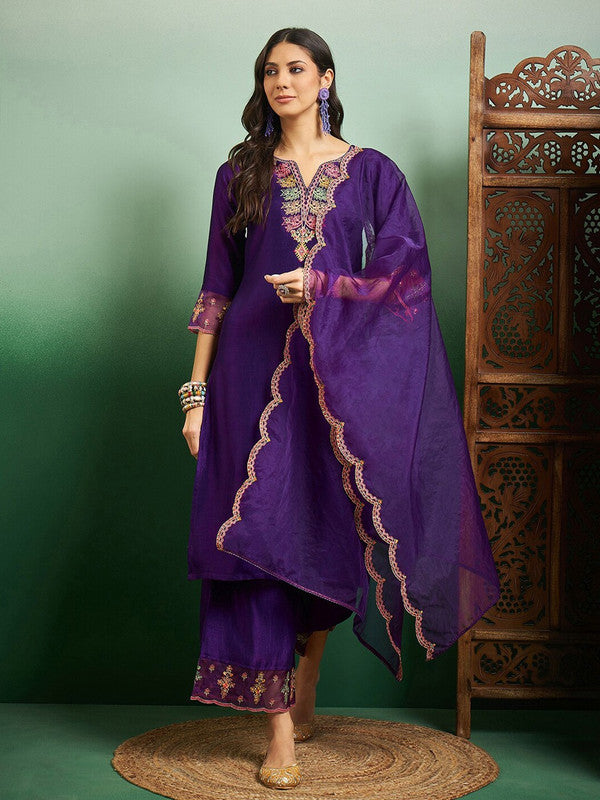 Malishka Women's Purple Chanderi Embroidered Straight Kurta Pant With Dupatta - Distacart