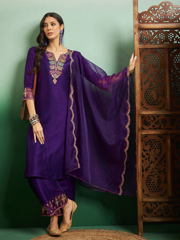 Malishka Women's Purple Chanderi Embroidered Straight Kurta Pant With Dupatta - Distacart