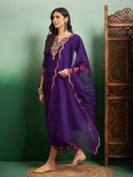 Thumbnail for Malishka Women's Purple Chanderi Embroidered Straight Kurta Pant With Dupatta - Distacart