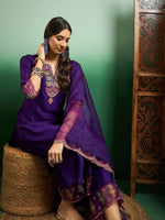 Thumbnail for Malishka Women's Purple Chanderi Embroidered Straight Kurta Pant With Dupatta - Distacart