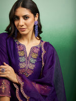 Thumbnail for Malishka Women's Purple Chanderi Embroidered Straight Kurta Pant With Dupatta - Distacart
