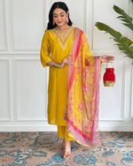 Thumbnail for Malishka Women's Mustard Viscose Chanderi Embroidered Straight Kurta Pant With Dupatta - Distacart