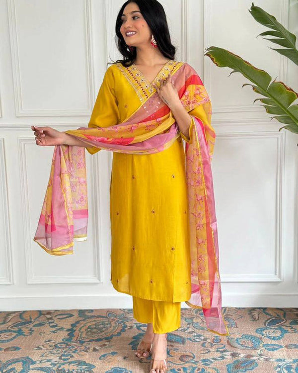 Malishka Women's Mustard Viscose Chanderi Embroidered Straight Kurta Pant With Dupatta - Distacart
