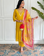Thumbnail for Malishka Women's Mustard Viscose Chanderi Embroidered Straight Kurta Pant With Dupatta - Distacart