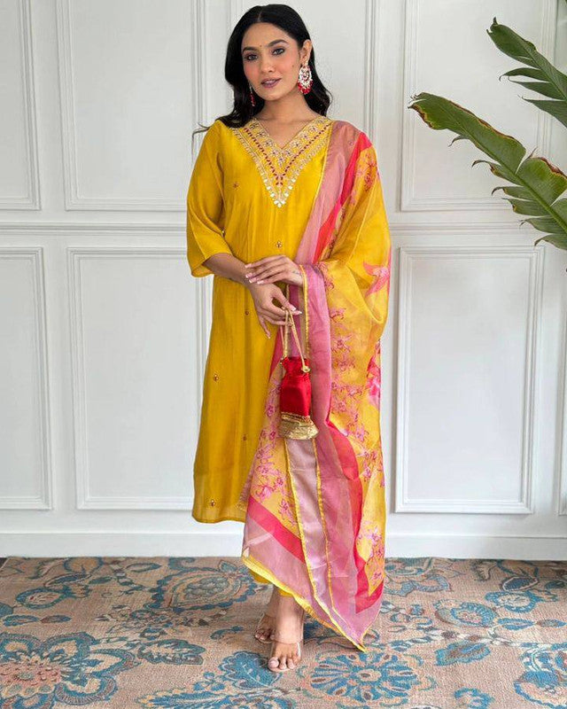 Malishka Women's Mustard Viscose Chanderi Embroidered Straight Kurta Pant With Dupatta - Distacart