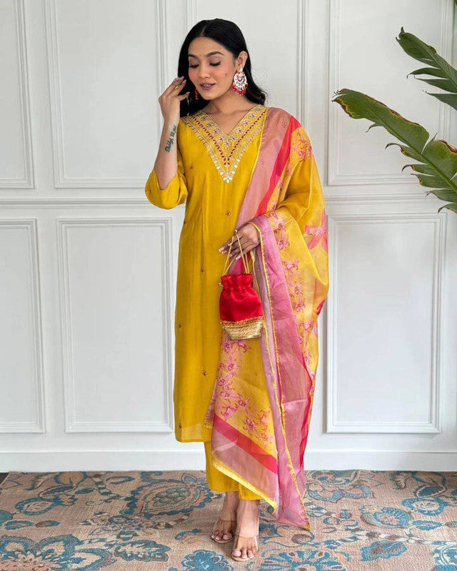 Malishka Women's Mustard Viscose Chanderi Embroidered Straight Kurta Pant With Dupatta - Distacart