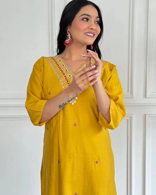Malishka Women's Mustard Viscose Chanderi Embroidered Straight Kurta Pant With Dupatta - Distacart