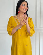 Thumbnail for Malishka Women's Mustard Viscose Chanderi Embroidered Straight Kurta Pant With Dupatta - Distacart