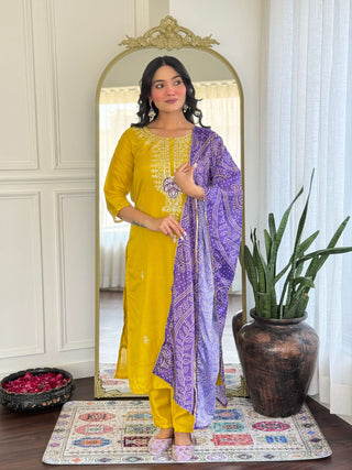 Malishka Women's Mustard Vichitra Silk Embroidered Straight Kurta Pant With Dupatta