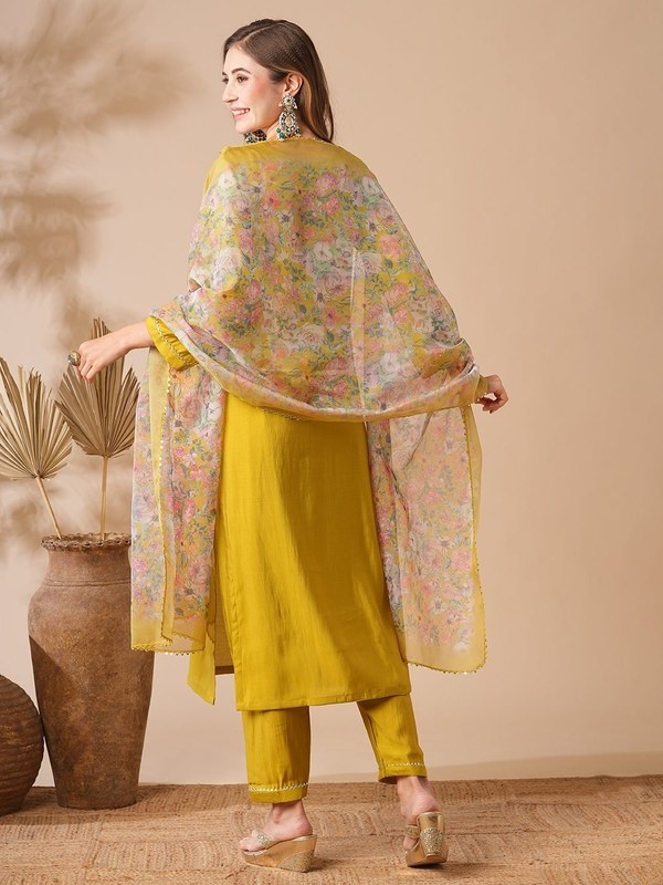 Malishka Women's Mustard Chanderi Cotton Embroidered Straight Kurta Pant With Dupatta - Distacart