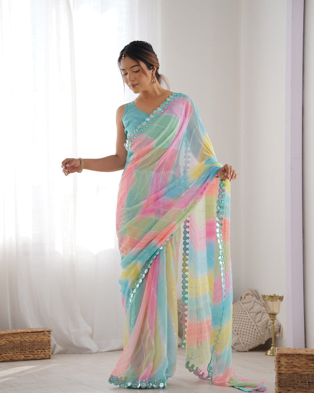 NOZ2TOZ Mirror Lace Georgette Multi Saree With Unstitched Blouse Piece - Distacart