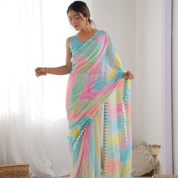 NOZ2TOZ Mirror Lace Georgette Multi Saree With Unstitched Blouse Piece - Distacart