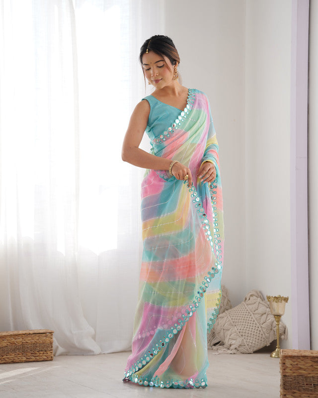 NOZ2TOZ Mirror Lace Georgette Multi Saree With Unstitched Blouse Piece - Distacart