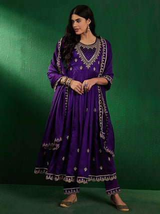 Malishka Women's Purple Cp Vichitra Embroidered Anarkali Kurta Pant With Dupatta - Distacart