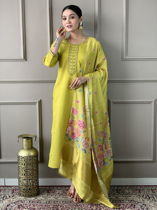 Malishka Women's Lime Green Viscose Chanderi Embroidered Straight Kurta Pant With Dupatta - Distacart