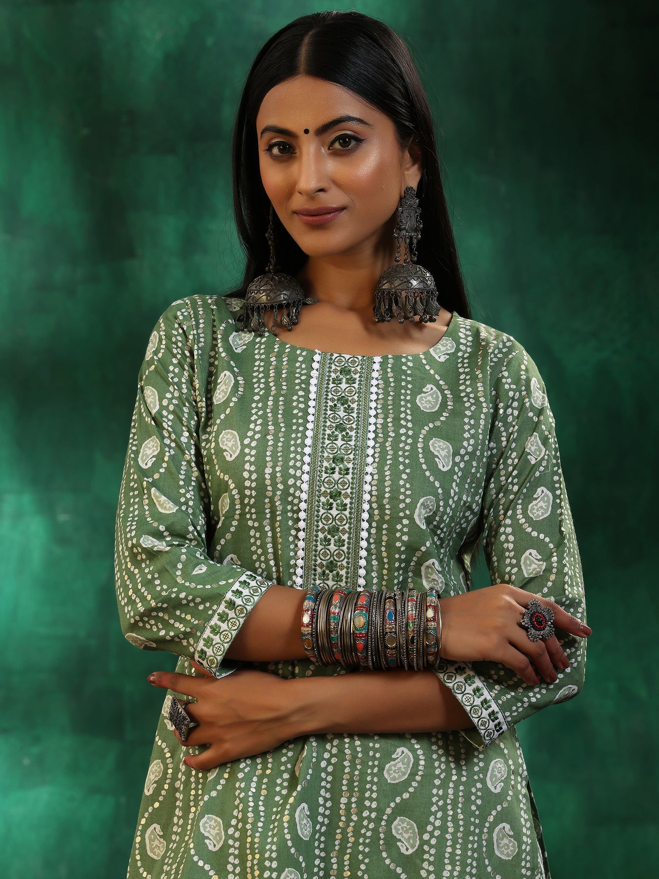 Malishka Women's Pista Roman Slub Printed Straight Kurta Pant With Dupatta